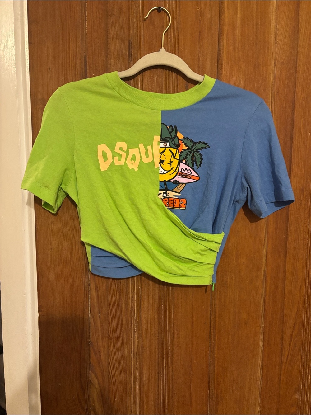 DSQUARED2 Lime & Blue Colorblock Cropped Tee with Graphic